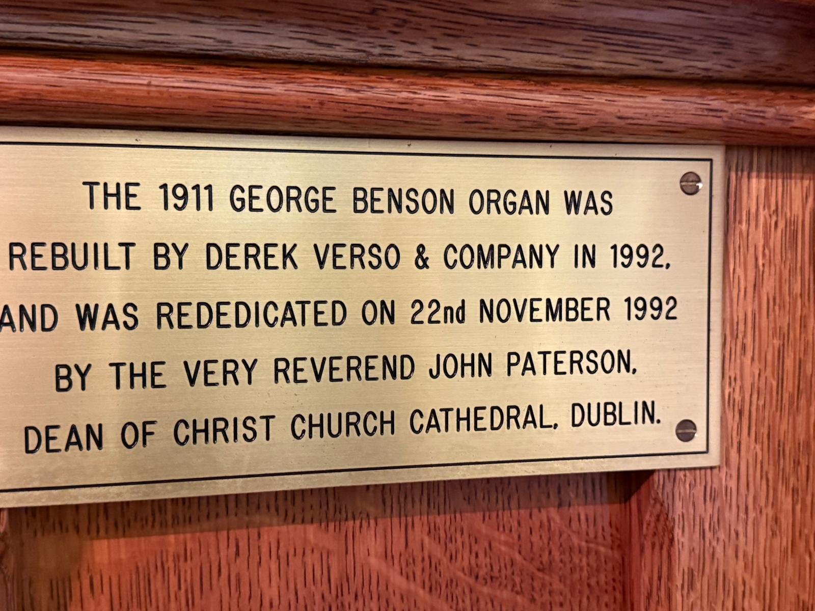 Brass plaque for the 1911 George Benson organ rebuild, 1992