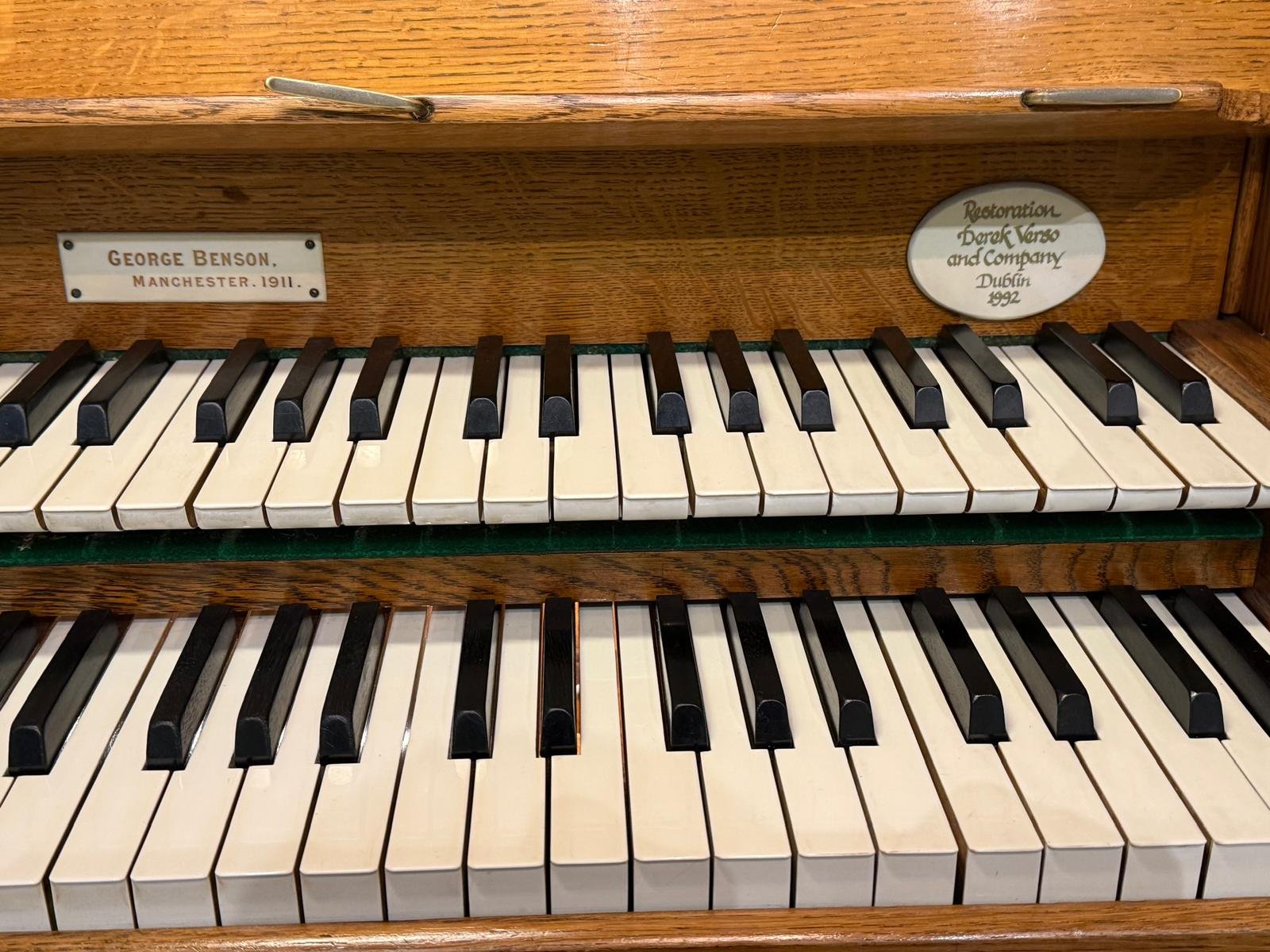 George Benson organ keyboard with restoration plaque